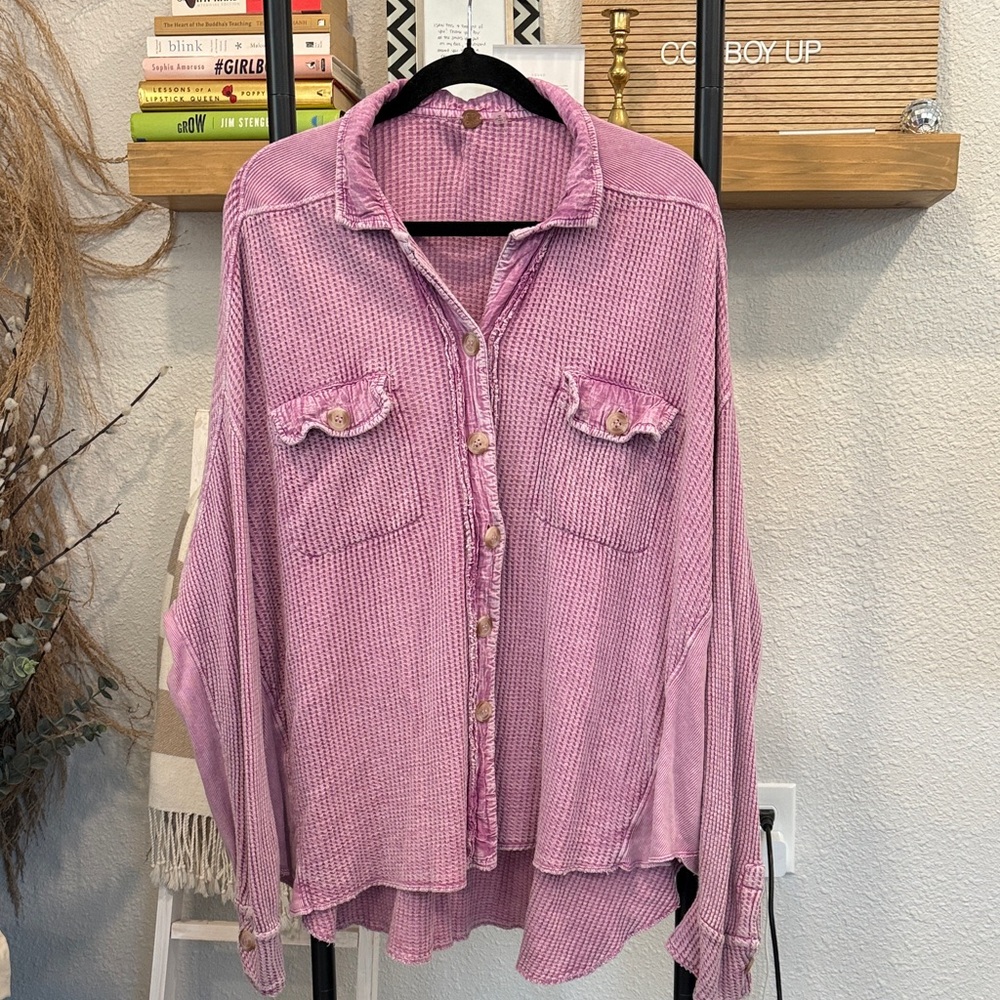 Free People Faded Pink Button-Up Waffle Knit Scout Lightweight Jacket